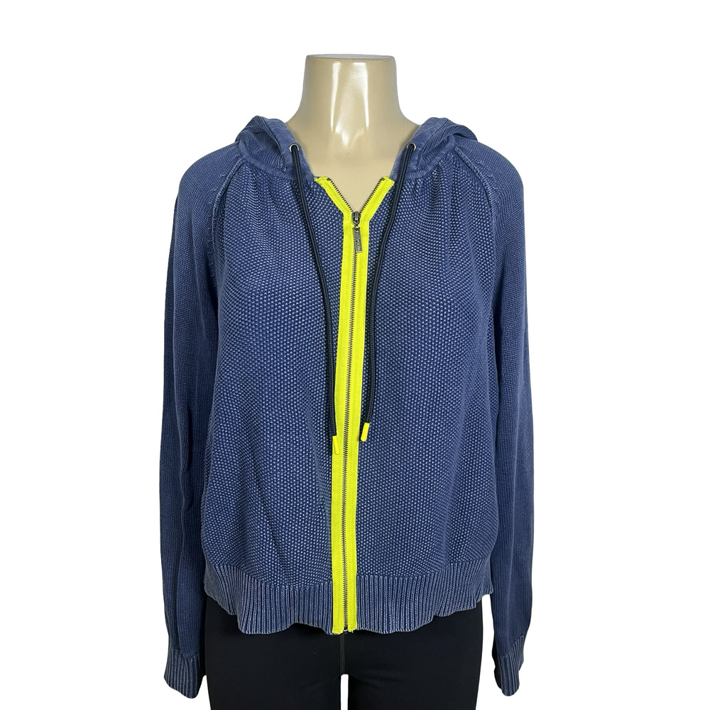 Tommy Hilfiger Denim Hoodie Womens XL Blue Textured‎ Knit Full Zip Cropped Neon